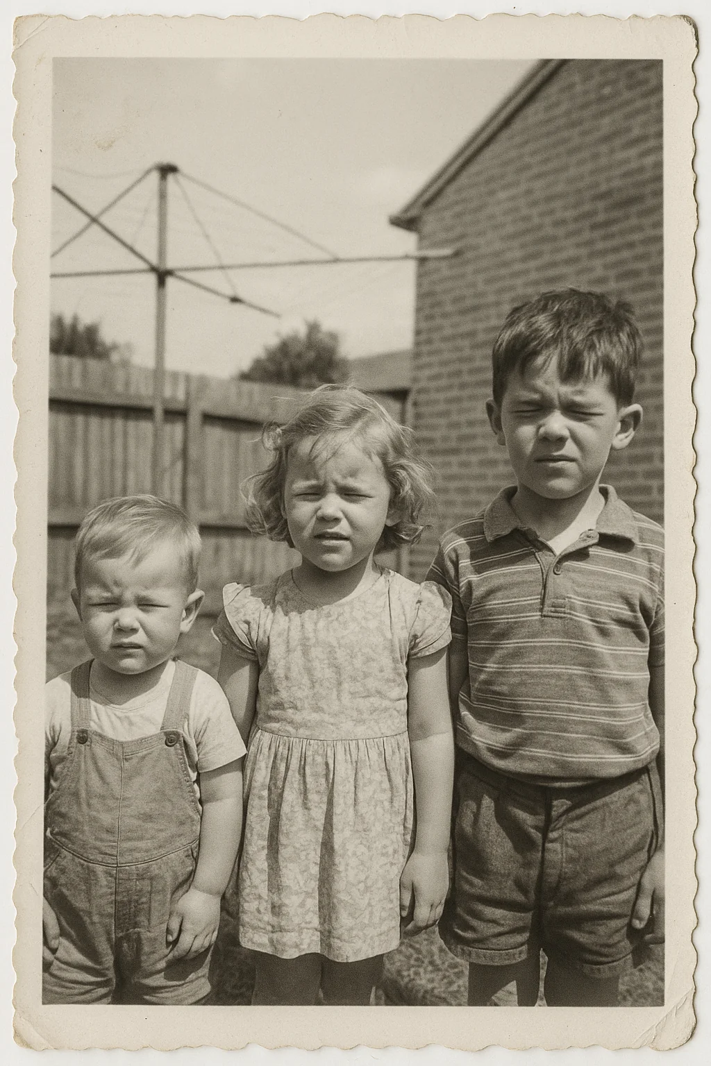 An old black-and-white photograph of three children standing in a suburban backyard