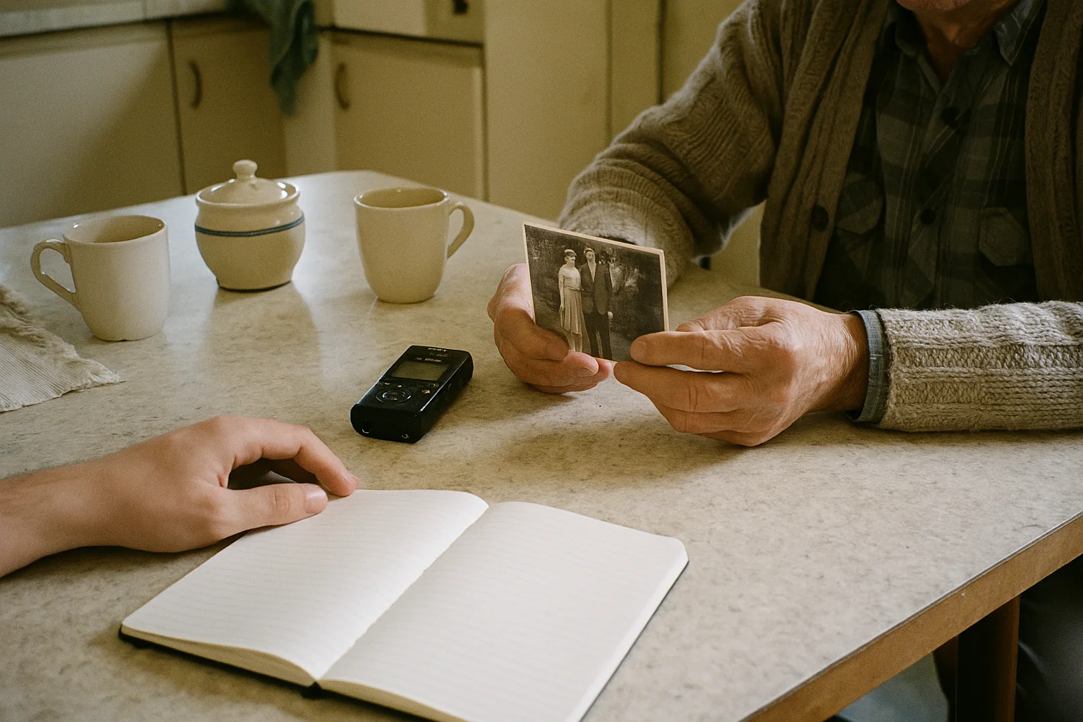 Weathered hands holding an old photograph across a table, beside a small recorder and an open notebook