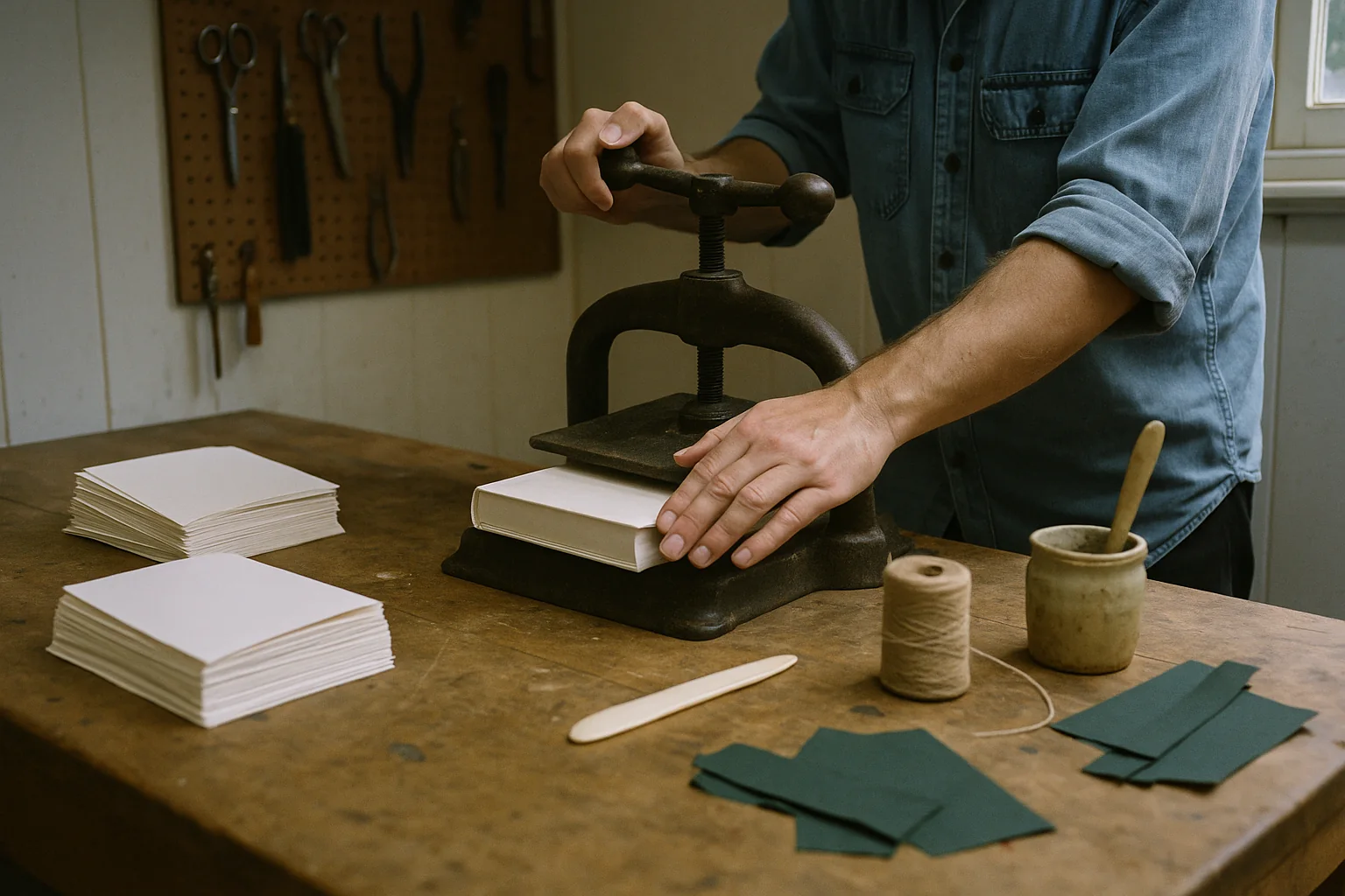 A bookbinder pressing freshly sewn pages in a wooden press, with green bookcloth on the bench