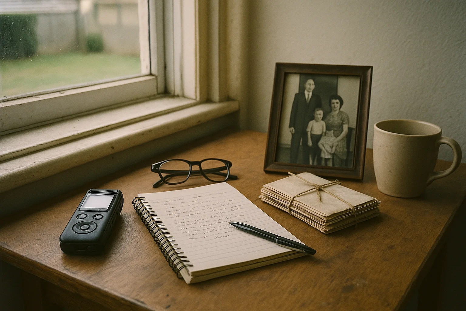 A small recorder, an open notebook and reading glasses on a timber desk beside a framed family photograph
