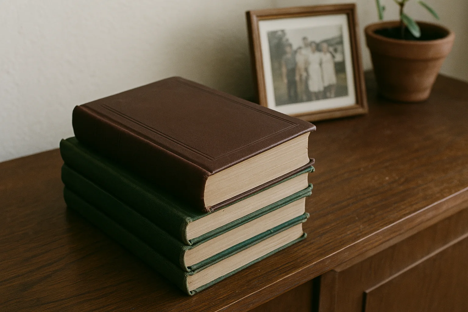 Bound books stacked on a sideboard beneath a framed family photograph