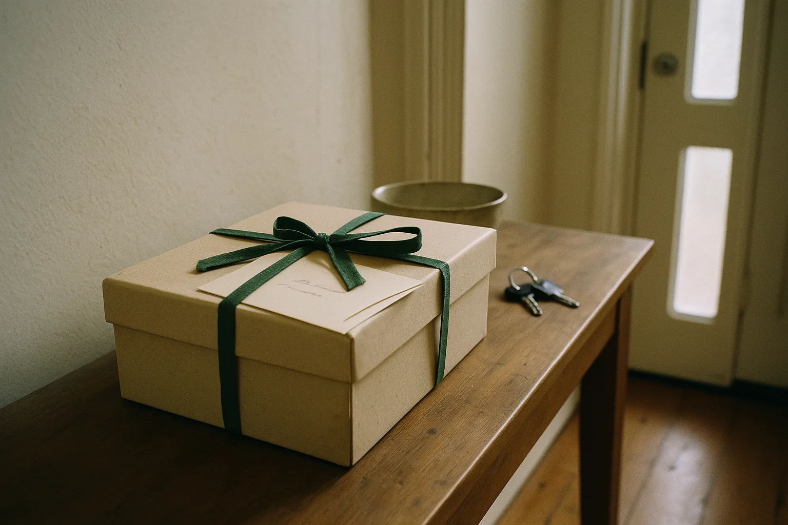A cream gift box tied with green ribbon on a hall table