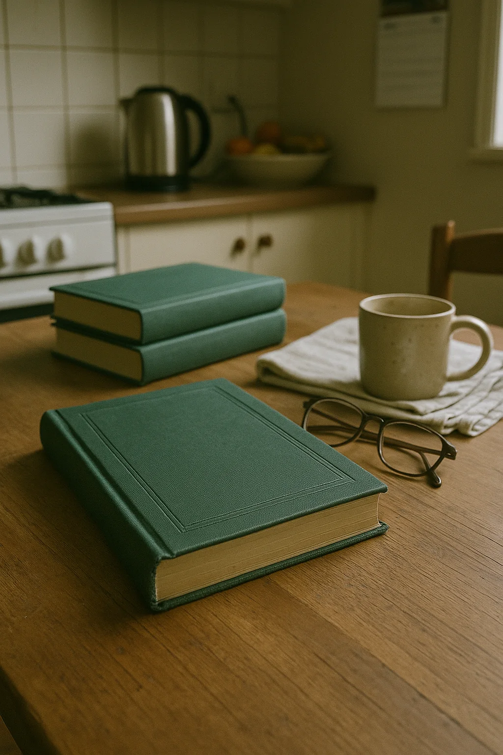 Green clothbound books stacked on a kitchen table beside a cup of tea